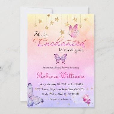 Enchanted To Meet Pink Butterfly Bridal Shower Invitations