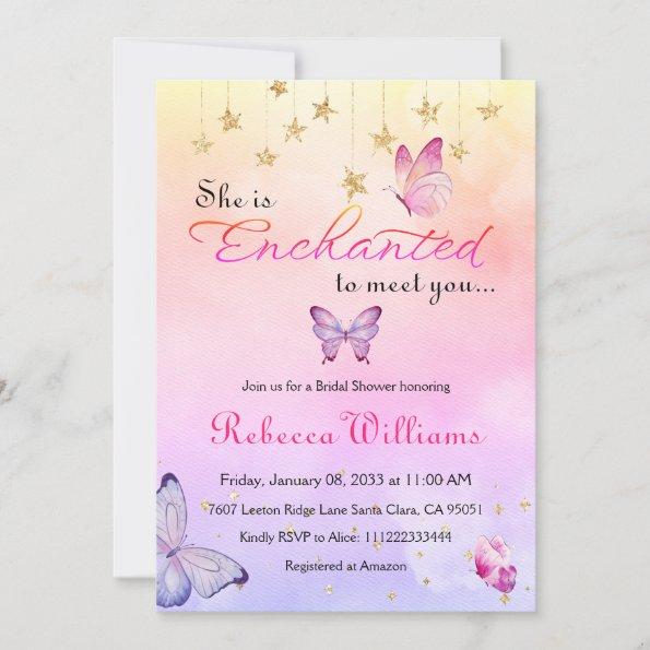 Enchanted To Meet Pink Butterfly Bridal Shower Invitations