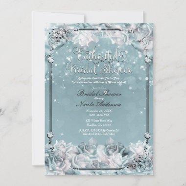 Enchanted Winter Roses Silver White Bridal Shower Invitations