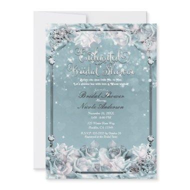 Enchanted Winter Roses Silver White Bridal Shower Invitations