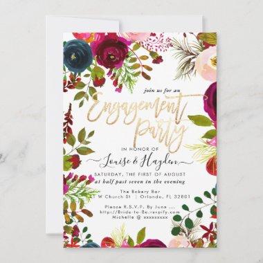 Engagement Party Watercolor Flowers, Burgundy Navy Announcement