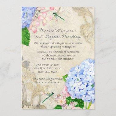 English Garden, Blue n Pink Hydrangeas Watercolor Invitations