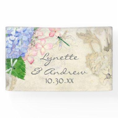 English Garden Hydrangea w Dragonflies Watercolor Banner