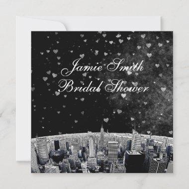 Etched NYC Skyline #2 Blk Wht Heart Bridal Shower Invitations