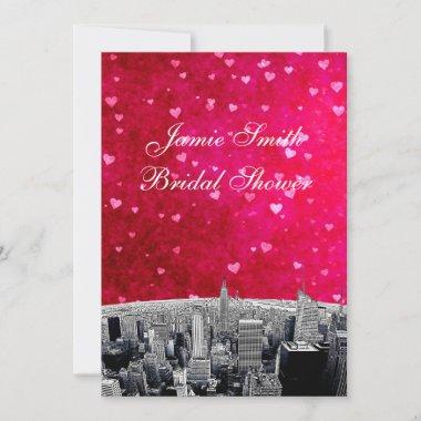 Etched NYC Skyline #2 Pink Red Hrt Bridal Shower V Invitations