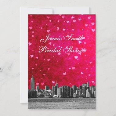 Etched NYC Skyline Hot Pnk Red Hrt Bridal Shower V Invitations