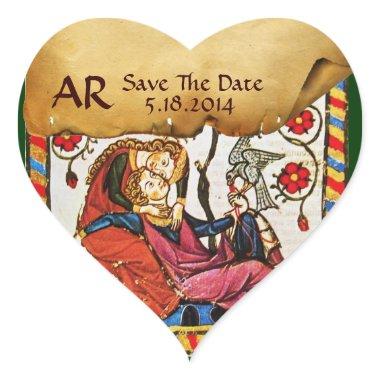 ETERNAL LOVE SAVE DATE HEART MONOGRAM PARCHMENT HEART STICKER