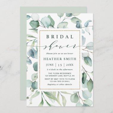 Ethereal Eucalyptus Gold Greenery Bridal Shower Invitations