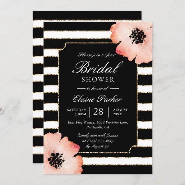 Ethereal Peach Magnolia Stripe Wedding Black White Invitations