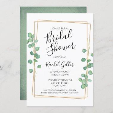 Eucalyptis w/ Gold Frame Bridal Shower Invitations