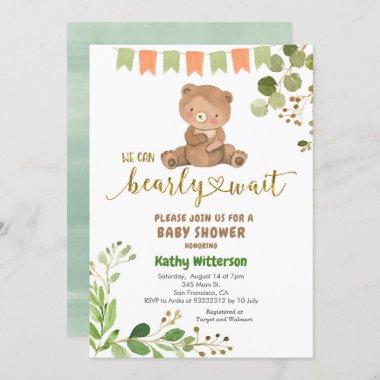 Eucalyptus and Bear We Can Bearly Wait Baby Shower Invitations