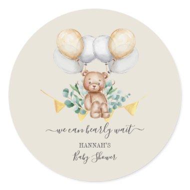 Eucalyptus Baby Shower Bearly Wait Bear & Balloons Classic Round Sticker