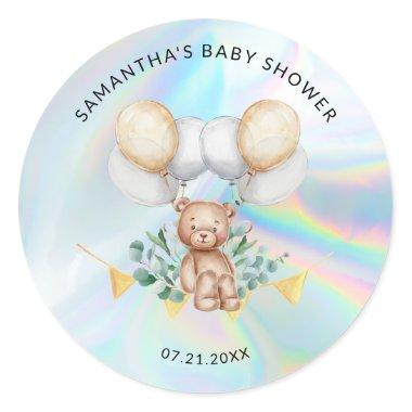 Eucalyptus Bear Balloons Holographic Baby Shower Classic Round Sticker