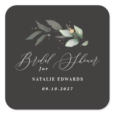 Eucalyptus black gold bridal shower square sticker