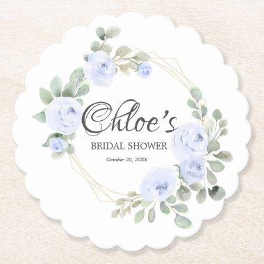 Eucalyptus Blue Rose Floral Bridal Shower Paper Paper Coaster