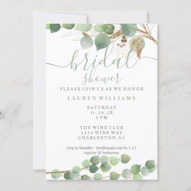 Eucalyptus Gold Glitter Bridal Shower Invitations