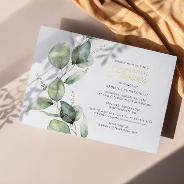Eucalyptus Green Leaves Script Bridal Shower Gold Foil Invitations