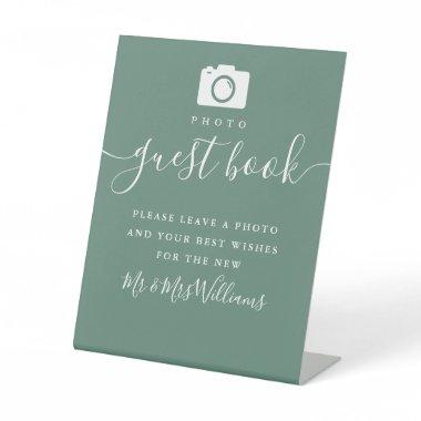 Eucalyptus Green Modern Script Photo Guest Book Pedestal Sign