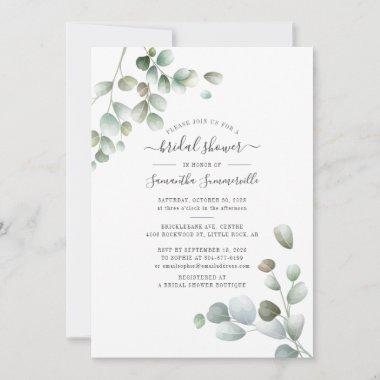 Eucalyptus Greenery Floral Script Bridal Shower Invitations