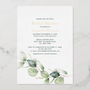 Eucalyptus Greenery Foliage Bridal Shower Gold Foil Invitations