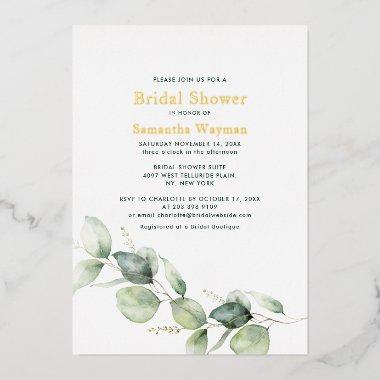 Eucalyptus Greenery Foliage Bridal Shower Gold Foil Invitations