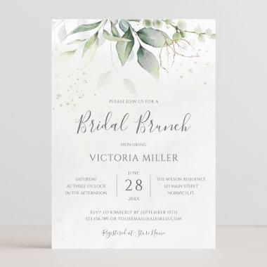 Eucalyptus Greenery Gold Leaves Bridal Brunch Invitations