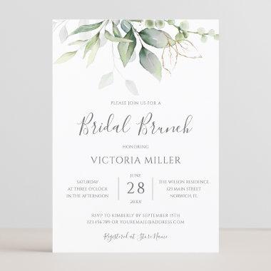 Eucalyptus Greenery Gold Leaves Bridal Brunch Invitations