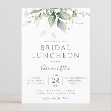 Eucalyptus Greenery Gold Leaves Bridal Luncheon Invitations