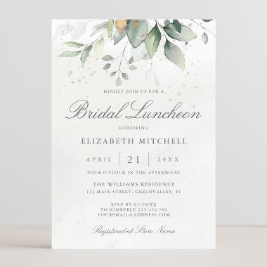 Eucalyptus Greenery Gold Leaves Bridal Luncheon Invitations