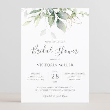 Eucalyptus Greenery Gold Leaves Bridal Shower Invitations