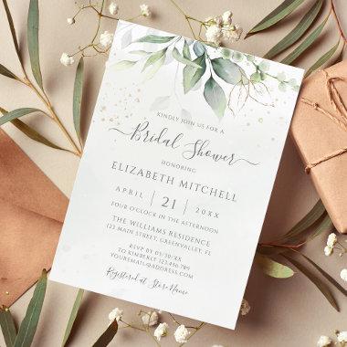 Eucalyptus Greenery Gold Leaves Bridal Shower Invitations