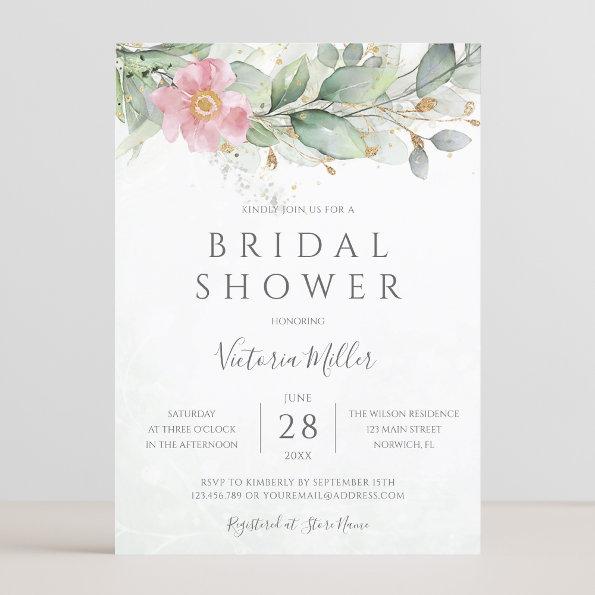 Eucalyptus Greenery Gold Pink Floral Bridal Shower Invitations