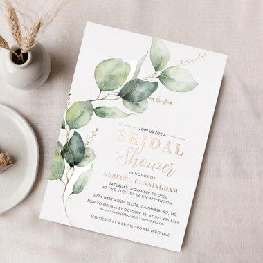 Eucalyptus Greenery Leaves Bridal Shower Silver Foil Invitations