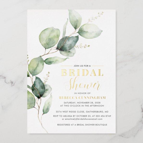 Eucalyptus Greenery Script Bridal Shower Gold Foil Invitations