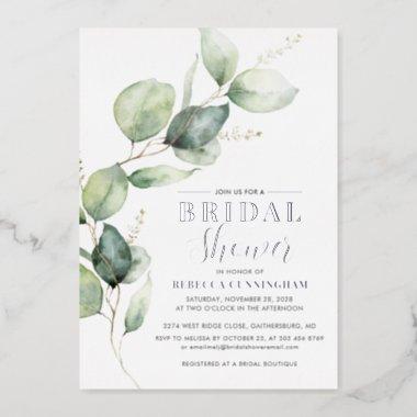 Eucalyptus Greenery Script Bridal Shower Silver Foil Invitations