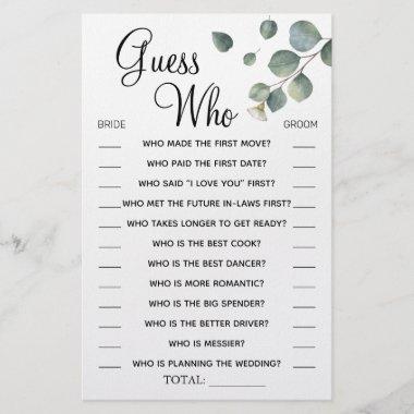 Eucalyptus Guess Who Bridal shower game Invitations Flyer