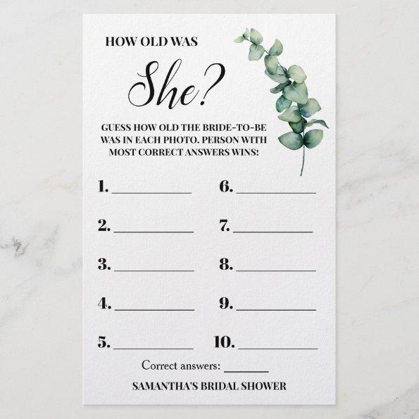 Eucalyptus How old was She Bridal Shower Game Invitations Flyer