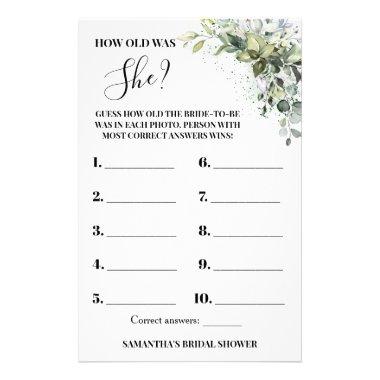 Eucalyptus How old was She Bridal Shower Game Invitations Flyer