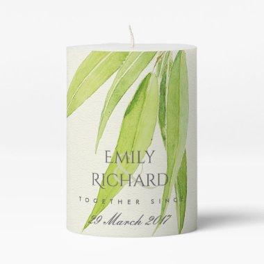 EUCALYPTUS LEAF FOLIAGE SAVE THE DATE WEDDING GIFT PILLAR CANDLE