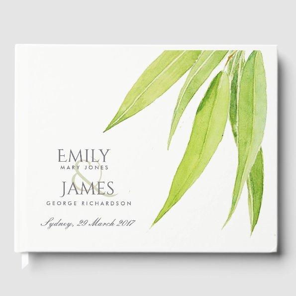 EUCALYPTUS LEAVES WATERCOLOUR FOLIAGE MONOGRAM GUEST BOOK