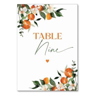 Eucalyptus oranges citrus theme table number Nine