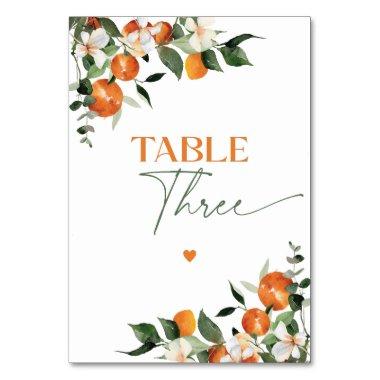 Eucalyptus oranges citrus theme table number Three