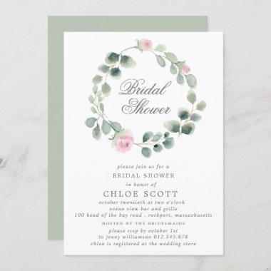 Eucalyptus Pink Floral Wreath Bridal Shower Invitations