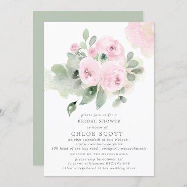 Eucalyptus Pink Rose Floral Bridal Shower Invitations