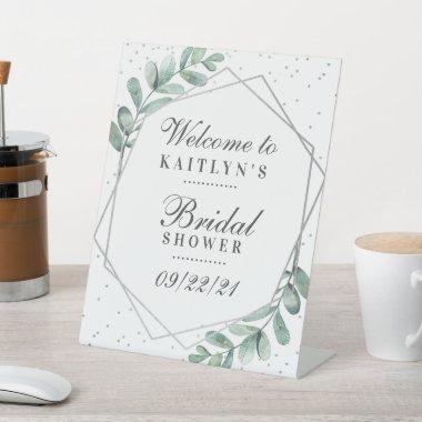 Eucalyptus Silver Geometric Bridal Shower Pedestal Sign