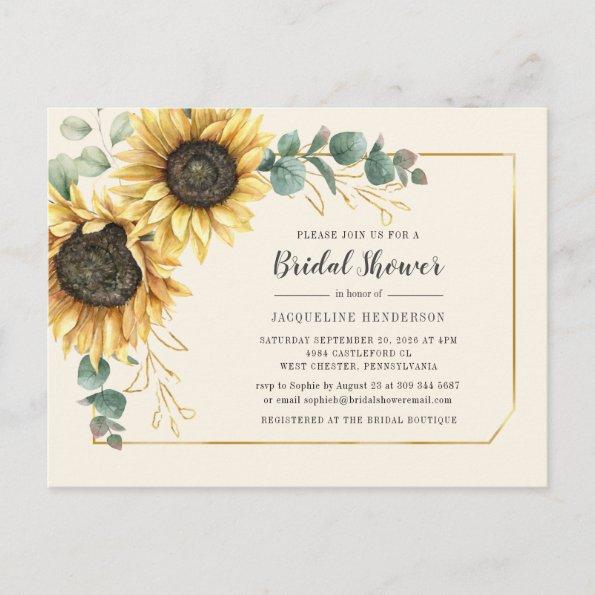 Eucalyptus Sunflower Floral Script Bridal Shower Invitation PostInvitations