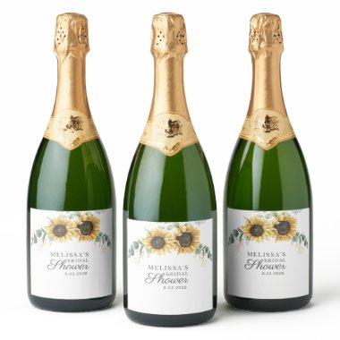 Eucalyptus Sunflower Floral Script Bridal Shower Sparkling Wine Label