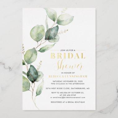 Eucalyptus Watercolor Script Bridal Shower Gold Foil Invitations