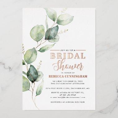 Eucalyptus Watercolor Script Bridal Shower Gold Foil Invitations