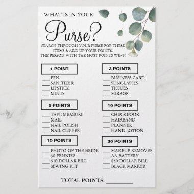Eucalyptus What is in your purse Shower game Invitations Flyer